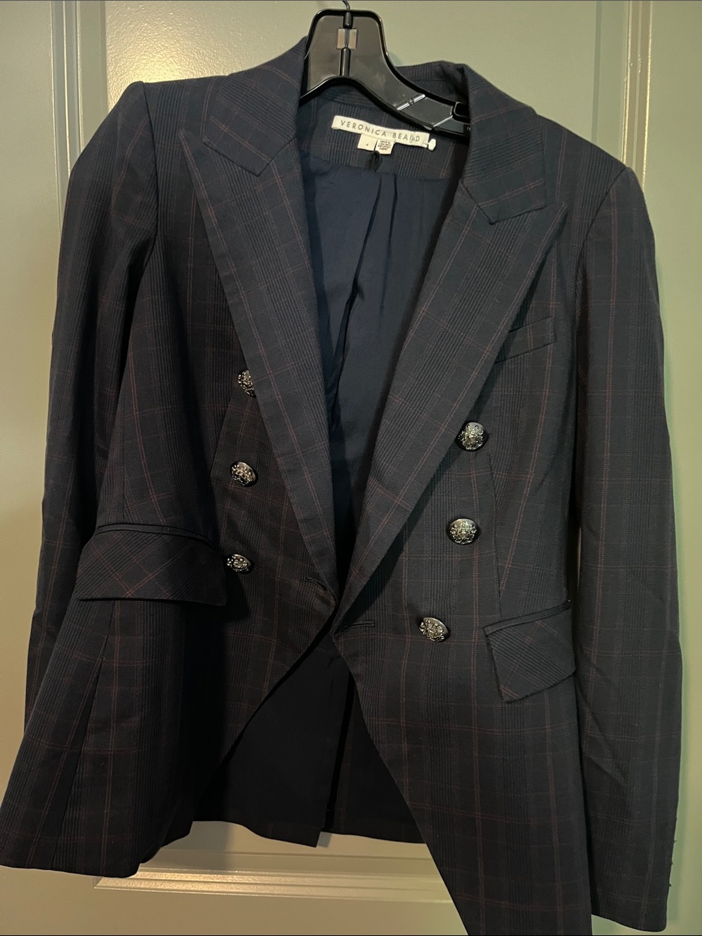 Veronica Beard Dark Navy Plaid Double-Breasted Blazer